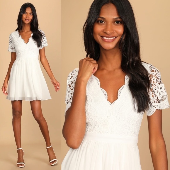 LULUS ANGEL IN DISGUISE FLORAL LACE SHORT SLEEVE CHIFFON SKIRT SKATER DRESS - Picture 2 of 13